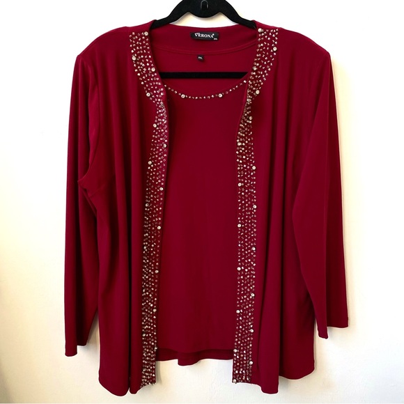 2 Piece Deep Red Sweater Jacket & Matching Tank Top Evening Wear Moda Verona 3XL - Picture 15 of 16